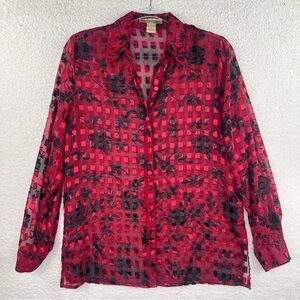 Notations‎ Red and Black Semi Sheer Floral Top Medium